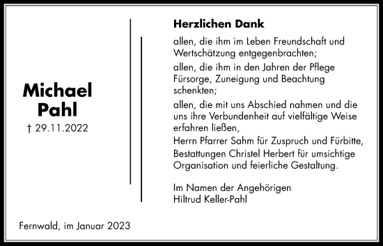 Traueranzeige von Michael Pahl von Licher Wochenblatt, Licher Wochenblatt