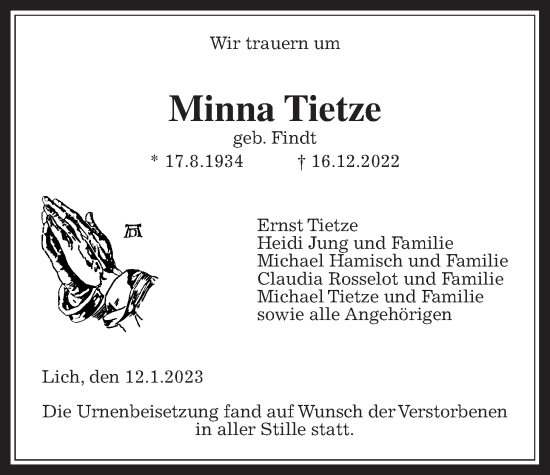 Traueranzeige von Minna Tietze von Licher Wochenblatt, Licher Wochenblatt