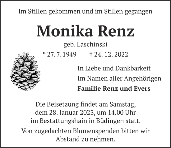 Traueranzeige von Monika Renz von Kreis-Anzeiger