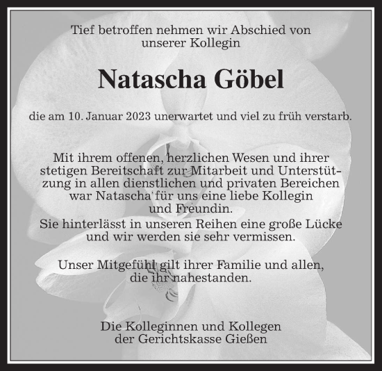Traueranzeige von Natascha Göbel von Giessener Allgemeine, Alsfelder Allgemeine