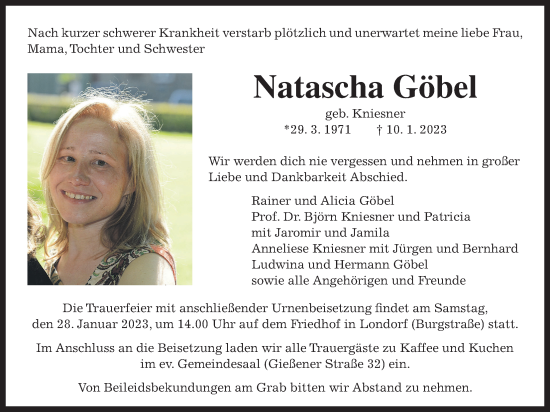 Traueranzeige von Natascha Göbel von Giessener Allgemeine, Alsfelder Allgemeine