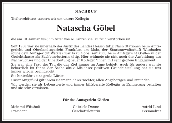 Traueranzeige von Natascha Göbel von Giessener Allgemeine, Alsfelder Allgemeine, Giessener Anzeiger