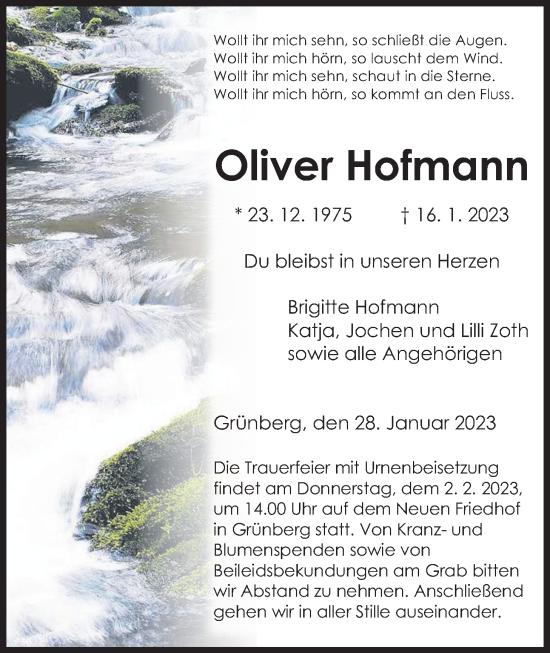 Traueranzeige von Oliver Hofmann von Giessener Allgemeine, Alsfelder Allgemeine