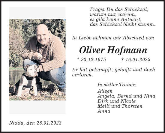 Traueranzeige von Oliver Hofmann von Giessener Allgemeine, Alsfelder Allgemeine