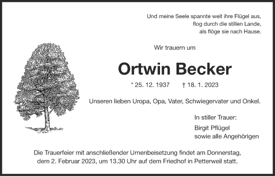 Traueranzeige von Ortwin Becker von Wetterauer Zeitung
