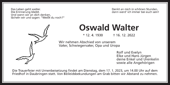 Traueranzeige von Oswald Walter von Giessener Allgemeine, Alsfelder Allgemeine