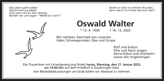 Traueranzeige von Oswald Walter von Giessener Anzeiger