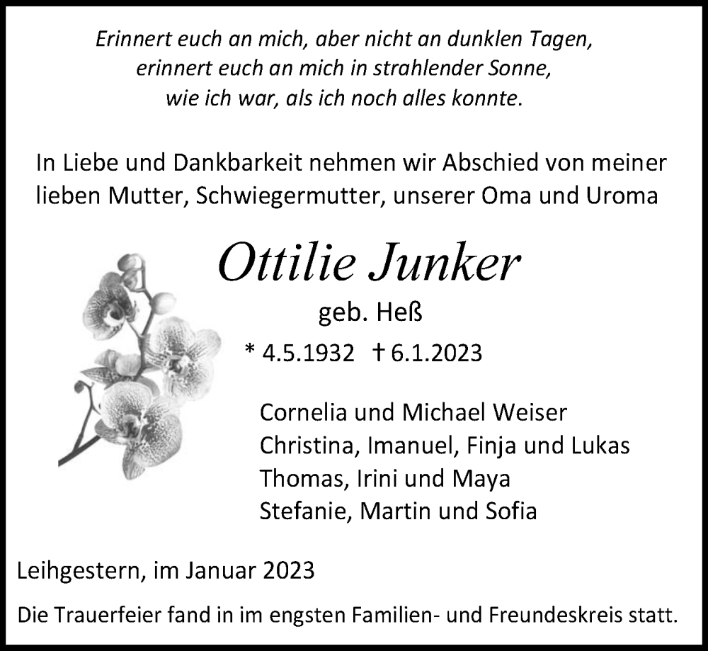  Traueranzeige für Ottilie Junker vom 21.01.2023 aus Giessener Allgemeine, Alsfelder Allgemeine