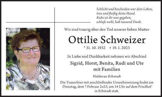 Traueranzeige von Ottilie Schweizer von Wetterauer Zeitung