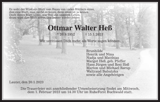 Traueranzeige von Ottmar Walter Heß von Giessener Allgemeine, Alsfelder Allgemeine