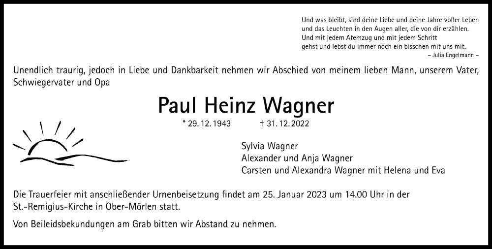  Traueranzeige für Paul Heinz Wagner vom 14.01.2023 aus Wetterauer Zeitung