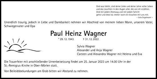 Traueranzeige von Paul Heinz Wagner von Wetterauer Zeitung