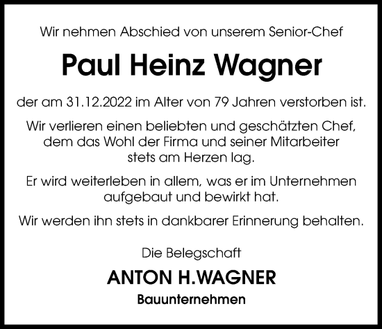 Traueranzeige von Paul Heinz Wagner von Wetterauer Zeitung