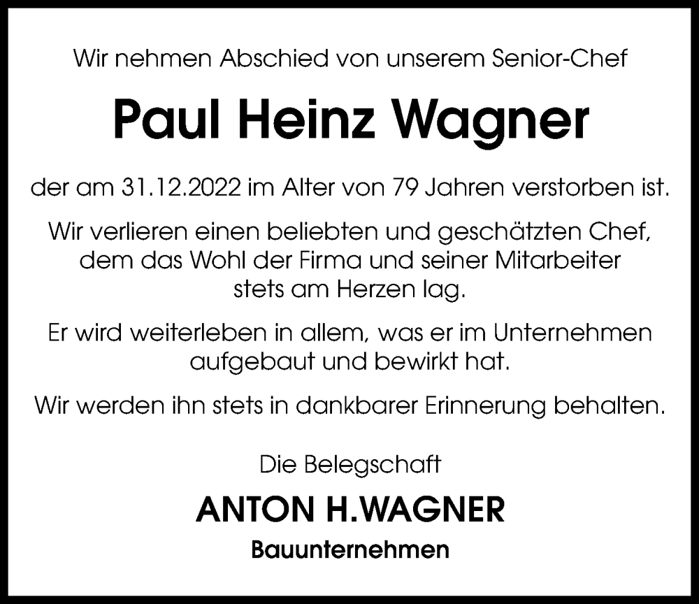  Traueranzeige für Paul Heinz Wagner vom 14.01.2023 aus Wetterauer Zeitung