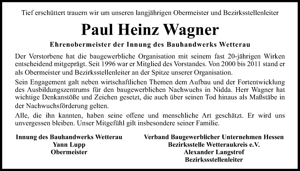  Traueranzeige für Paul Heinz Wagner vom 14.01.2023 aus Kreis-Anzeiger, Wetterauer Zeitung