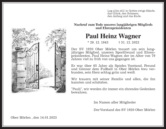 Traueranzeige von Paul Heinz Wagner von Wetterauer Zeitung