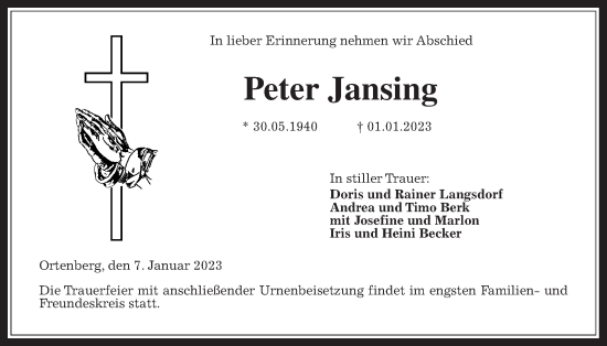 Traueranzeige von Peter Jansing von Kreis-Anzeiger