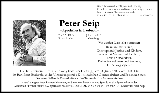 Traueranzeige von Peter Seip von Laubacher Anzeiger, Giessener Allgemeine, Alsfelder Allgemeine