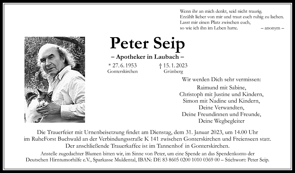  Traueranzeige für Peter Seip vom 28.01.2023 aus Laubacher Anzeiger, Giessener Allgemeine, Alsfelder Allgemeine