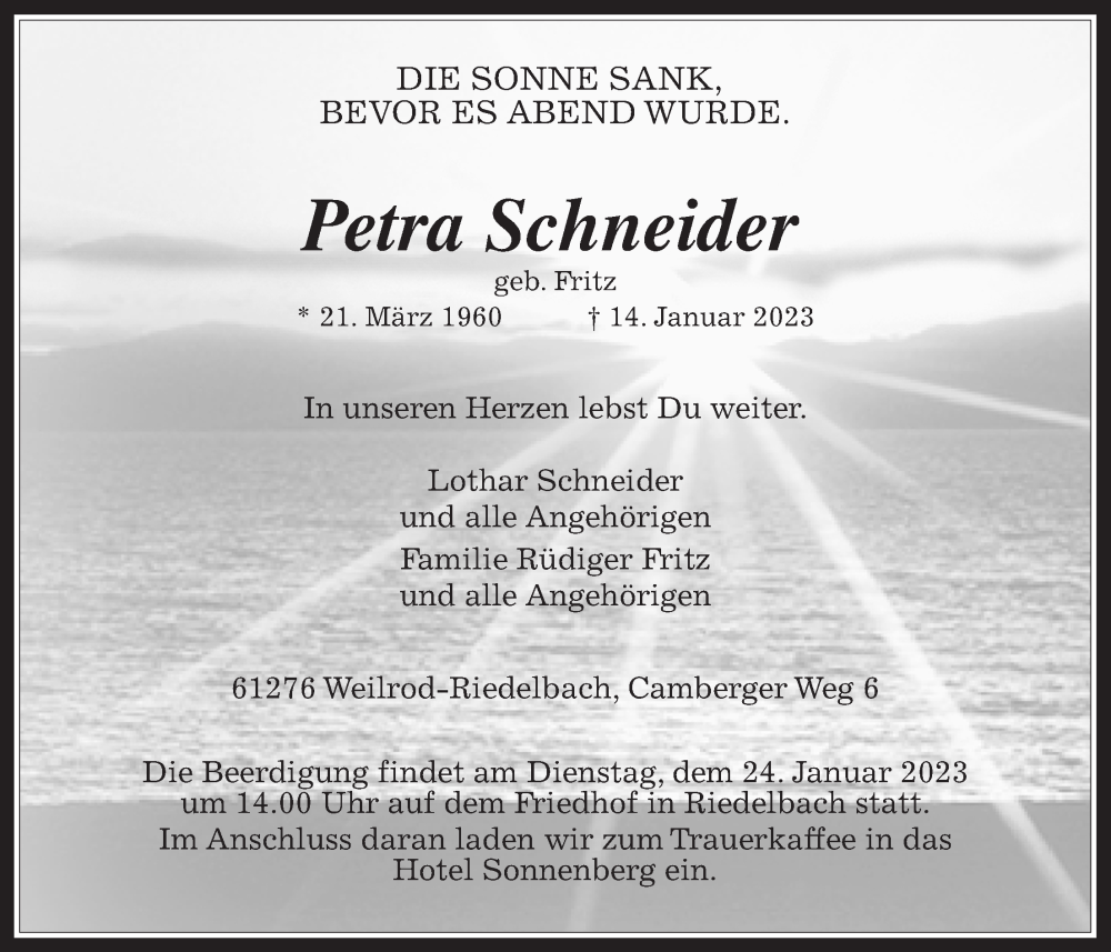  Traueranzeige für Petra Schneider vom 21.01.2023 aus Usinger Anzeiger