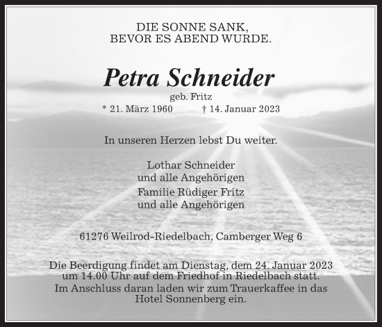 Traueranzeige von Petra Schneider von Usinger Anzeiger