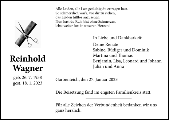 Traueranzeige von Reinhold Wagner von Giessener Allgemeine, Alsfelder Allgemeine