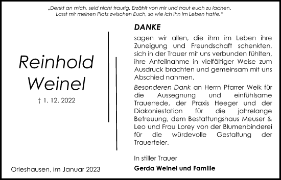 Traueranzeige von Reinhold Weinel von Kreis-Anzeiger