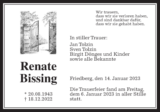 Traueranzeige von Renate Bissing von Wetterauer Zeitung