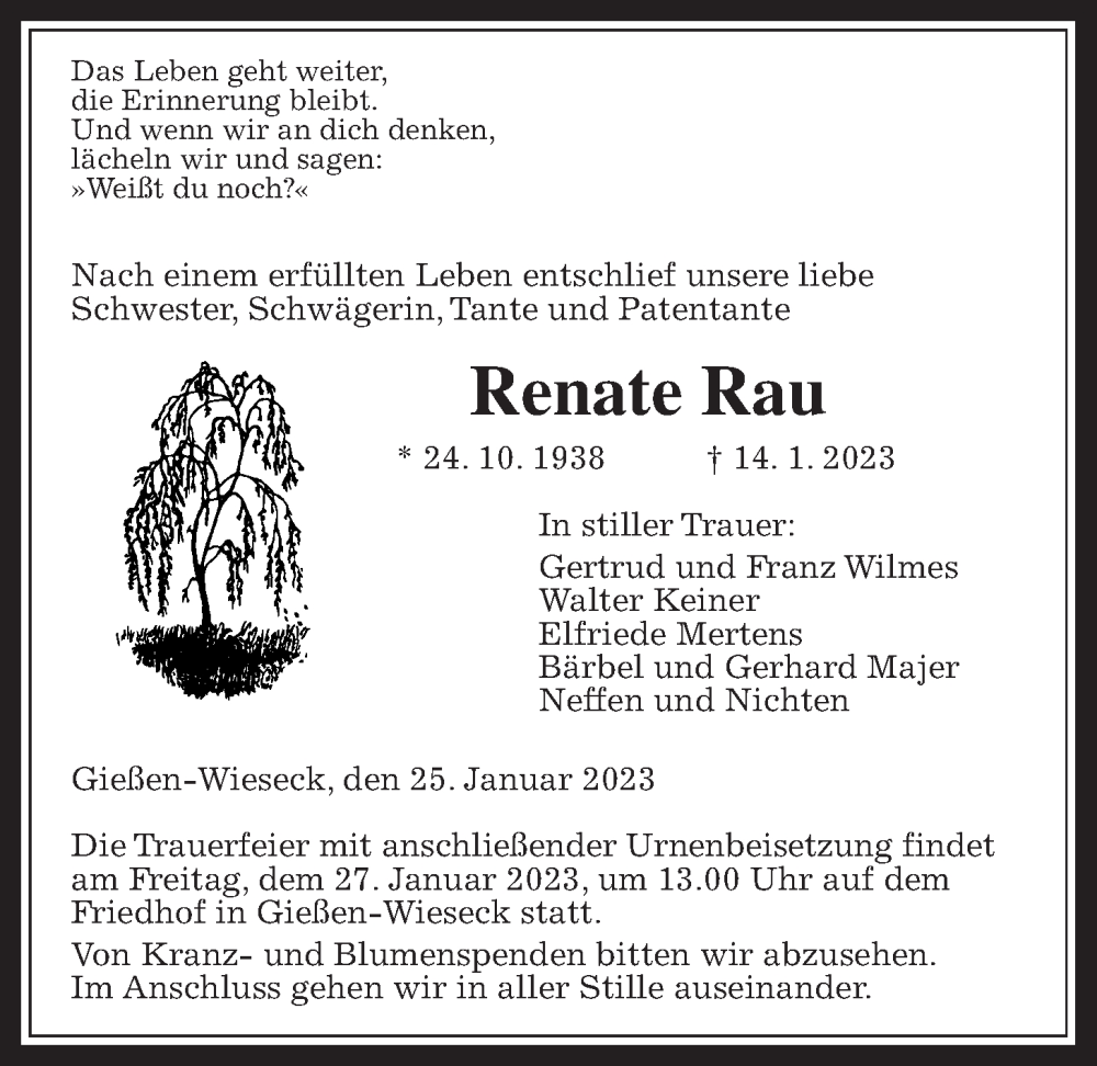  Traueranzeige für Renate Rau vom 25.01.2023 aus Giessener Anzeiger, Giessener Allgemeine, Alsfelder Allgemeine