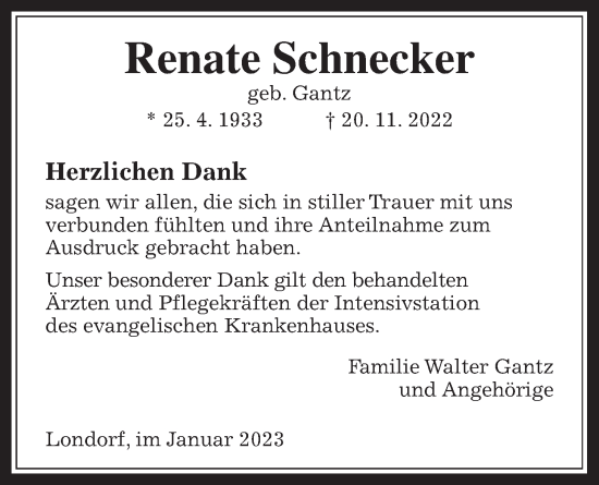 Traueranzeige von Renate Schnecker von Giessener Anzeiger, Giessener Allgemeine, Alsfelder Allgemeine, Rabenauer Zeitung, Rabenauer Zeitung