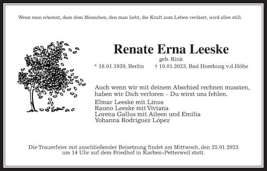 Traueranzeige von Renate Erna Leeske von Wetterauer Zeitung