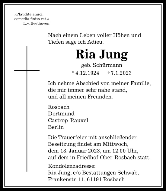 Traueranzeige von Ria Jung von Wetterauer Zeitung