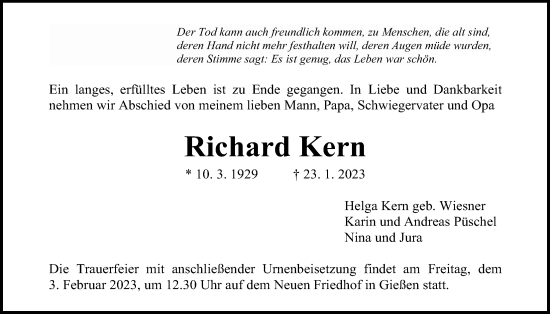 Traueranzeige von Richard Kern von Giessener Anzeiger, Giessener Allgemeine, Alsfelder Allgemeine