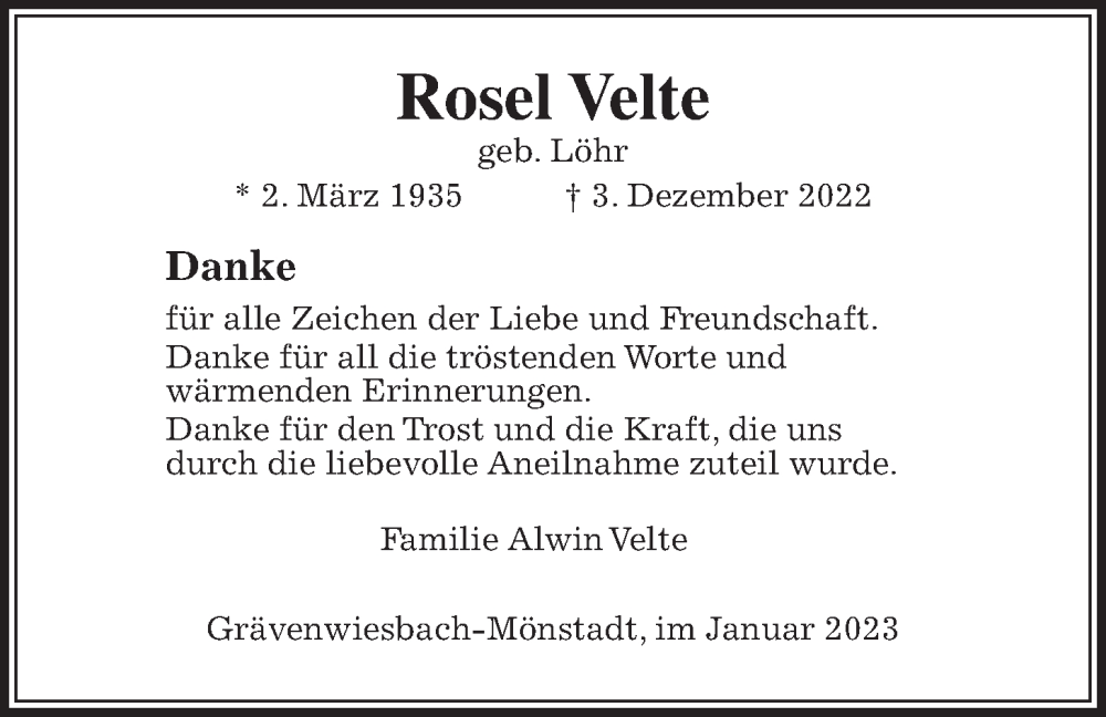  Traueranzeige für Rosel Velte vom 14.01.2023 aus Usinger Anzeiger