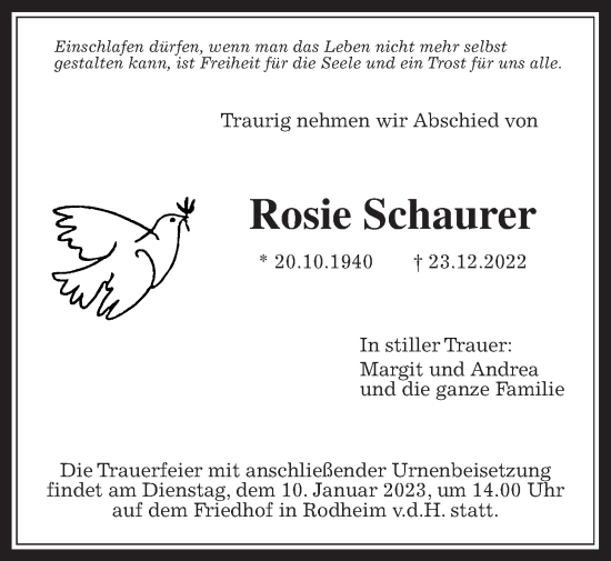 Traueranzeige von Rosie Schaurer von Wetterauer Zeitung