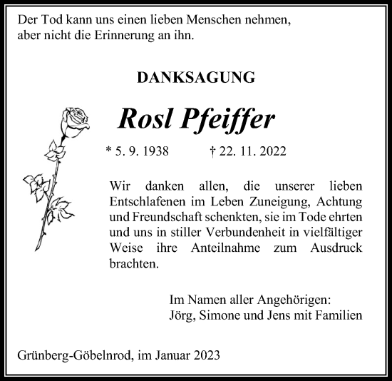 Traueranzeige von Rosl Pfeiffer von Giessener Allgemeine, Alsfelder Allgemeine
