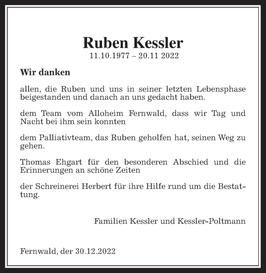 Traueranzeige von Ruben Kessler von Giessener Allgemeine, Alsfelder Allgemeine, Giessener Anzeiger