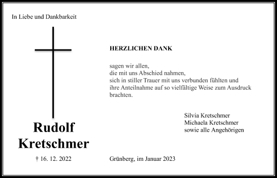 Traueranzeige von Rudolf Kretschmer von Giessener Anzeiger, Giessener Allgemeine, Alsfelder Allgemeine
