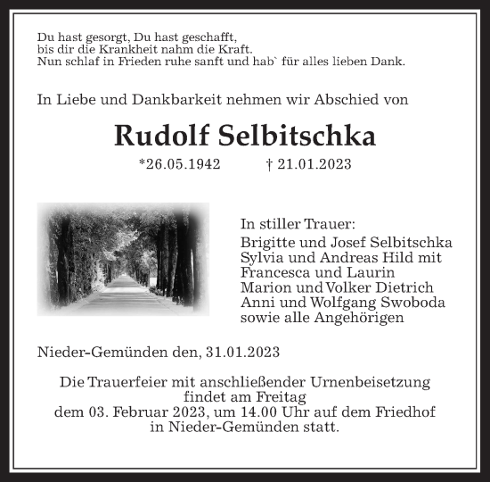 Traueranzeige von Rudolf Selbitschka von Alsfelder Allgemeine