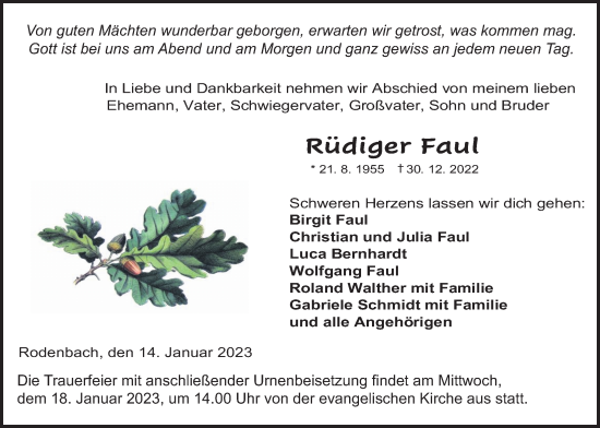 Traueranzeige von Rüdiger Faul von Kreis-Anzeiger