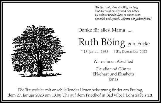 Traueranzeige von Ruth Böing von Bad Vilbel/Karben