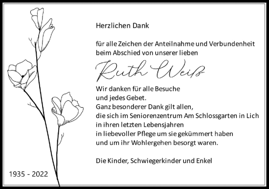 Traueranzeige von Ruth Weiß von Licher Wochenblatt