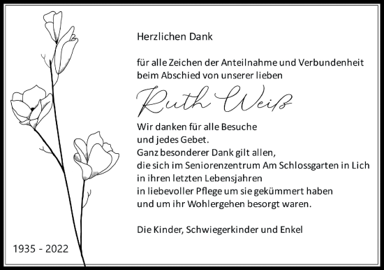 Traueranzeige von Ruth Weiß von Giessener Anzeiger