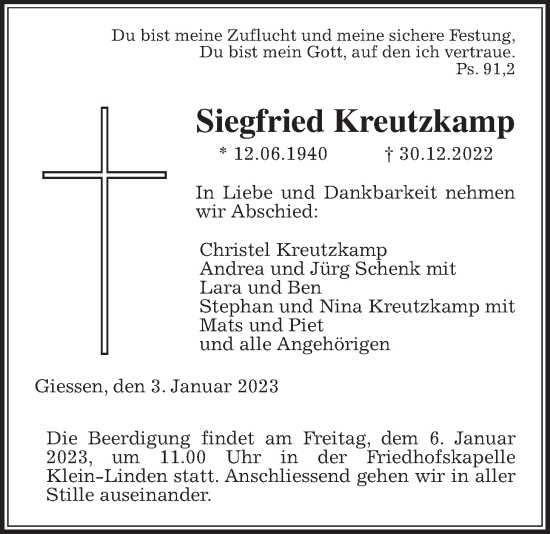 Traueranzeige von Siegfried Kreutzkamp von Giessener Allgemeine, Alsfelder Allgemeine, Giessener Anzeiger