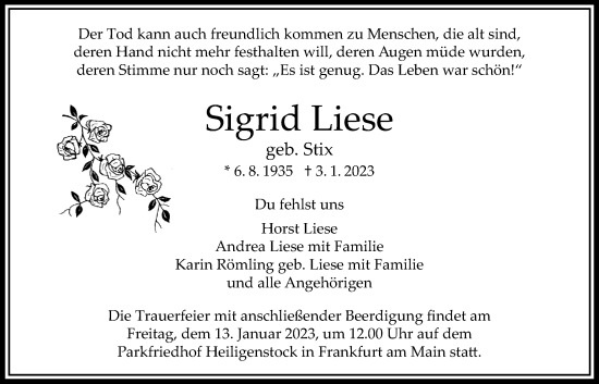 Traueranzeige von Sigrid Liese von Bad Vilbel/Karben