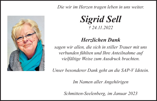 Traueranzeige von Sigrid Sell von Usinger Anzeiger