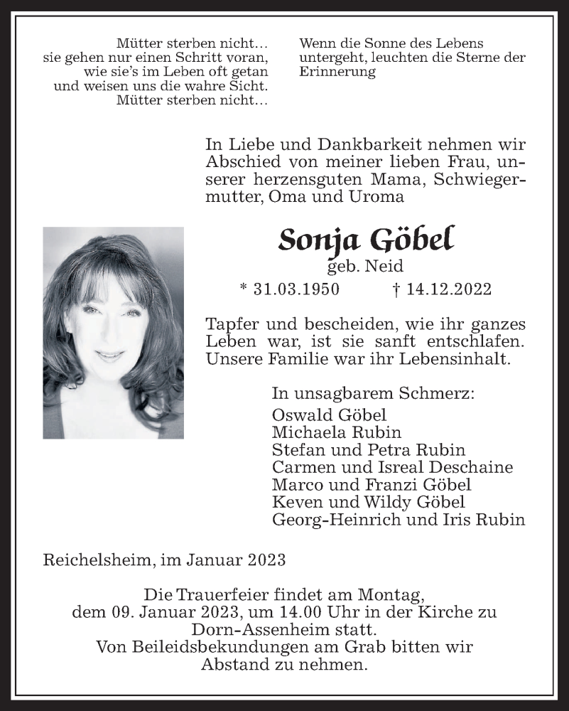  Traueranzeige für Sonja Göbel vom 07.01.2023 aus Wetterauer Zeitung