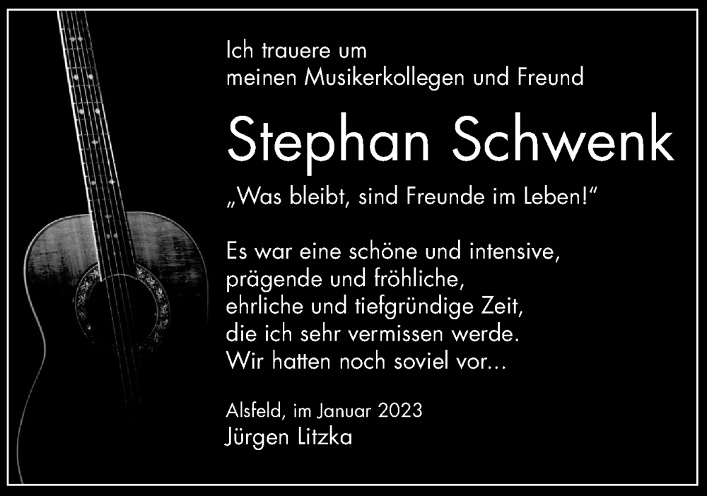  Traueranzeige für Stephan Schwenk vom 27.01.2023 aus Alsfelder Allgemeine