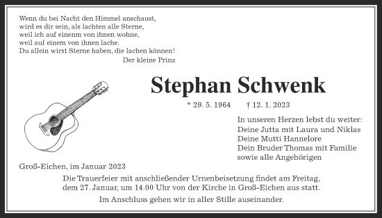 Traueranzeige von Stephan Schwenk von Alsfelder Allgemeine