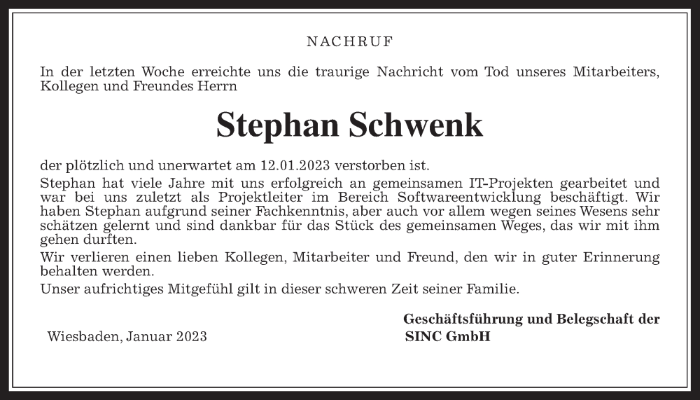  Traueranzeige für Stephan Schwenk vom 21.01.2023 aus Alsfelder Allgemeine